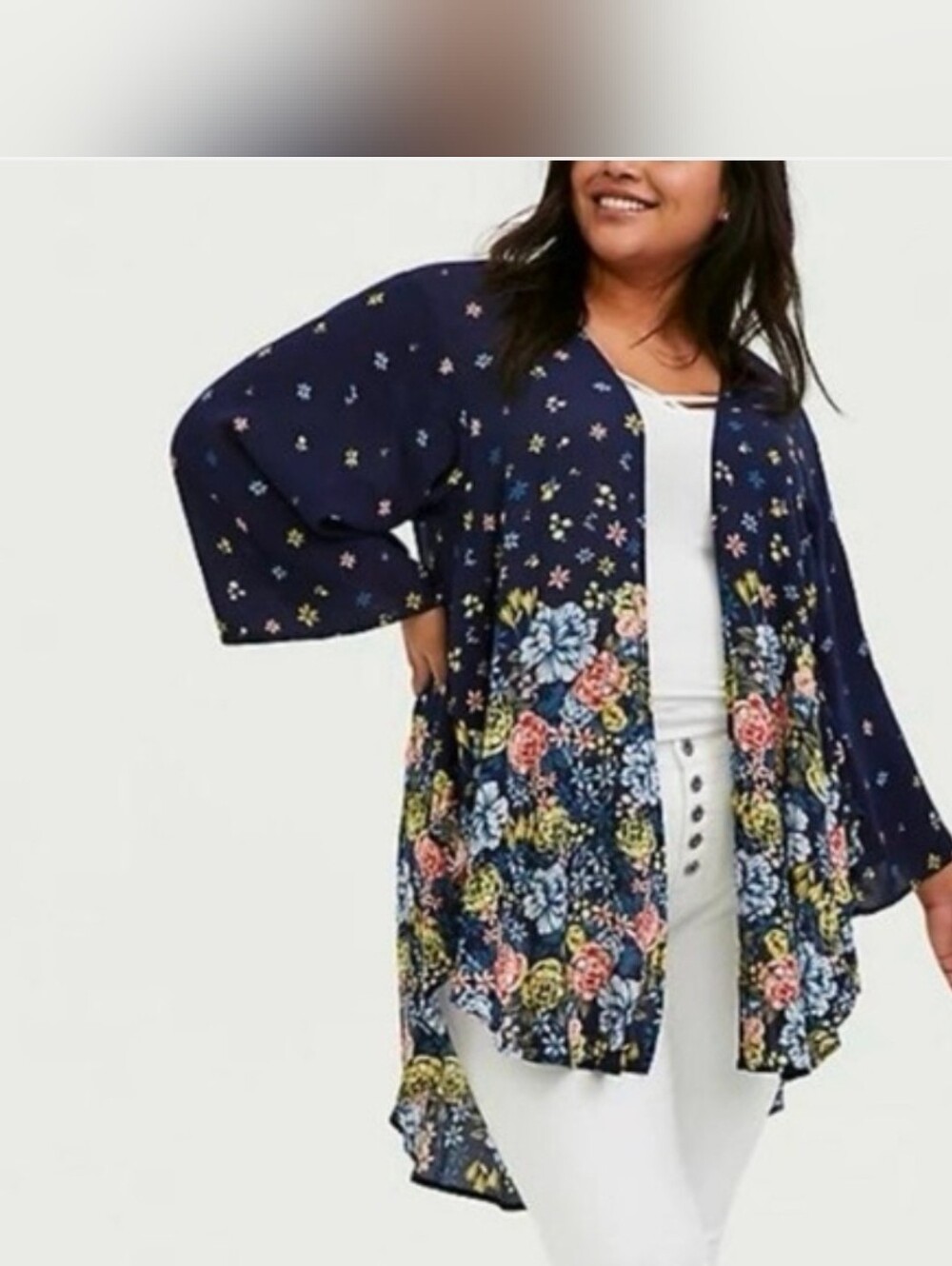 torrid Navy Floral shirt tail  Open-Front flowy Kimono size 1/2 NWT